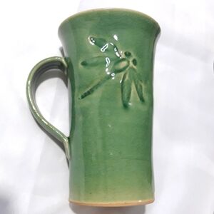 Green Glazed Pottery Mug with Dragonfly Design Handmade By Green Bridge